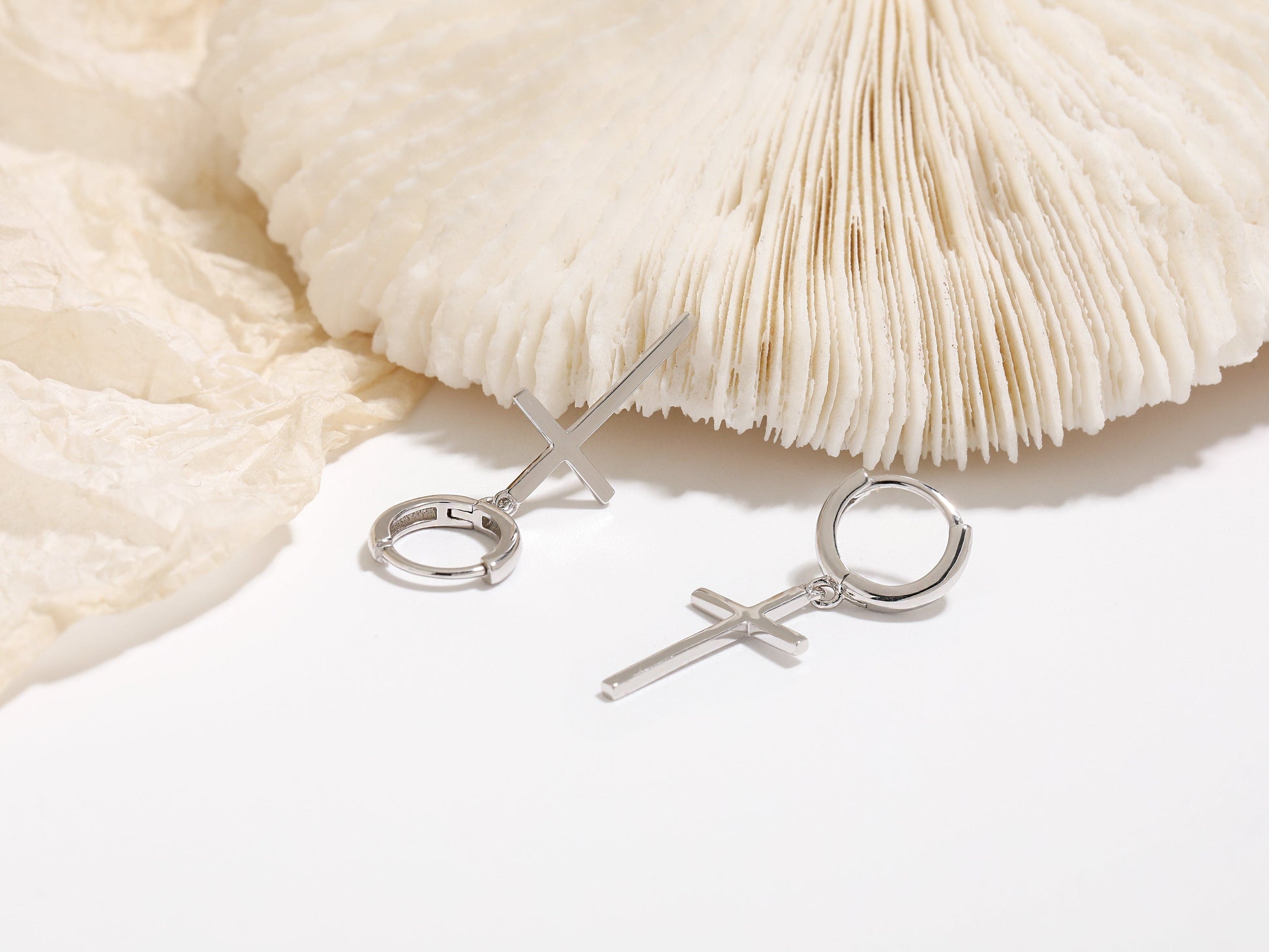 Sterling Silver Cross Charm Huggie Hoops Sterling Silver Cross Charm Huggie Hoops