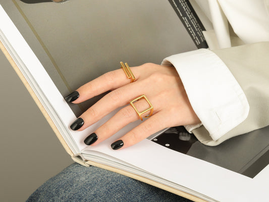 18K Gold or Silver Double Bar Statement Ring Elevate Your Style with an 18K Gold or Silver Double Bar Geometric Statement Ring - Adjustable and Modern Design