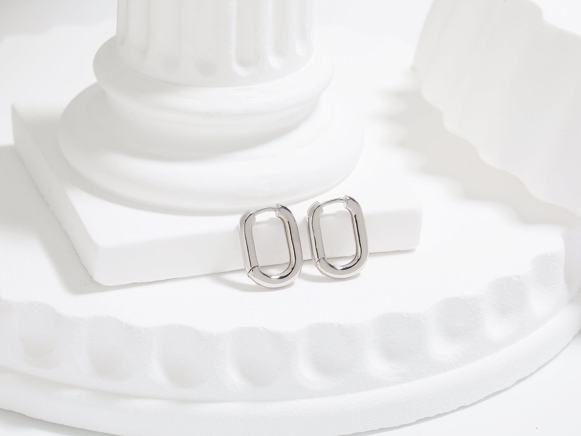 Rectangular Oval Hoop Earrings Elevate Your Style with Silver Rectangular Oval Hoop Earrings - Minimal Geometric U Shape Design