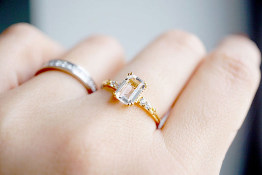 14K Gold Natural Emerald Cut Clear Quartz Ring 14K Gold Natural Emerald Cut Clear Quartz Ring - Elegant Solitaire Stacking Ring, Perfect Healing Stone Gift