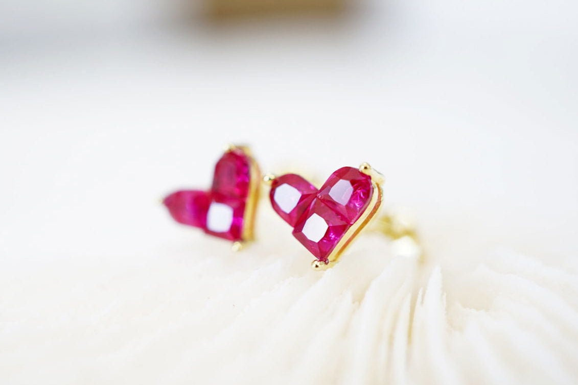 14K Gold Ruby Love Heart Stud Earrings 14K Gold Ruby Love Heart Stud Earrings - Perfect Stacking Gemstone Gift Earrings