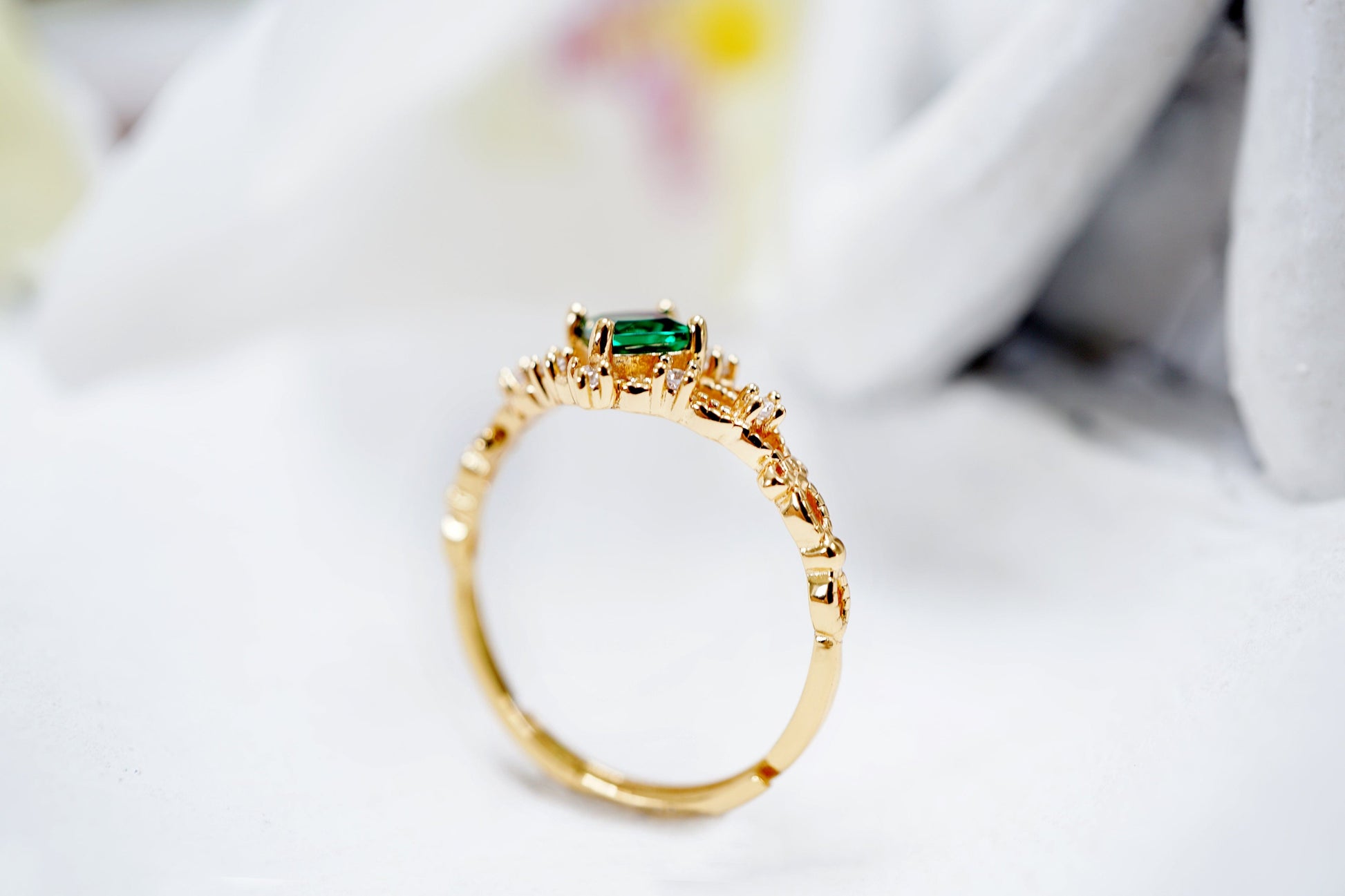 14K Gold 14K Gold Vermeil Princess Cut Green Crystal Ring Discover the 14K Gold Vermeil Princess Cut Green Crystal Ring - Vintage Style, Adjustable, Perfect Stacking Gift