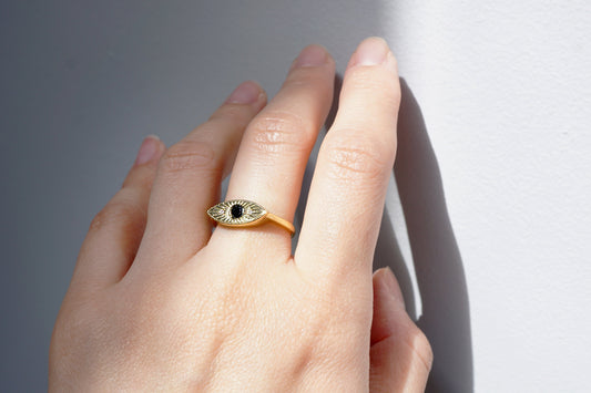 Hand wearing a gold ring with a black gemstone on a neutral background