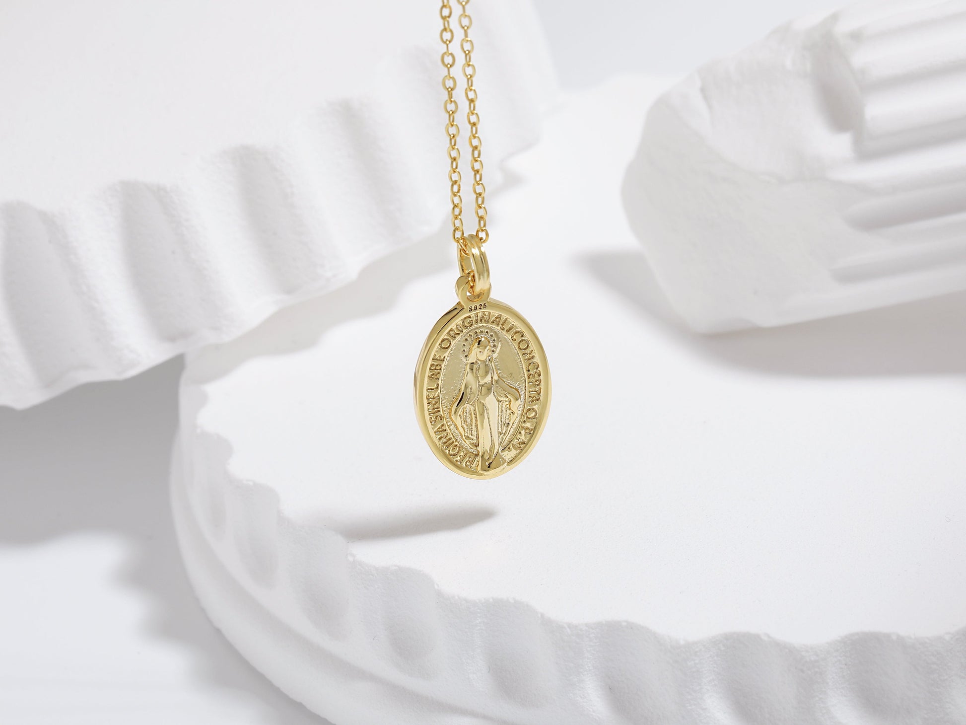 18K Gold 18K Gold Virgin Mary Oval Disc Necklace 18K Gold Virgin Mary Oval Disc Necklace - Miraculous Medal Pendant, Religious Jewelry, Mother Mary Necklace