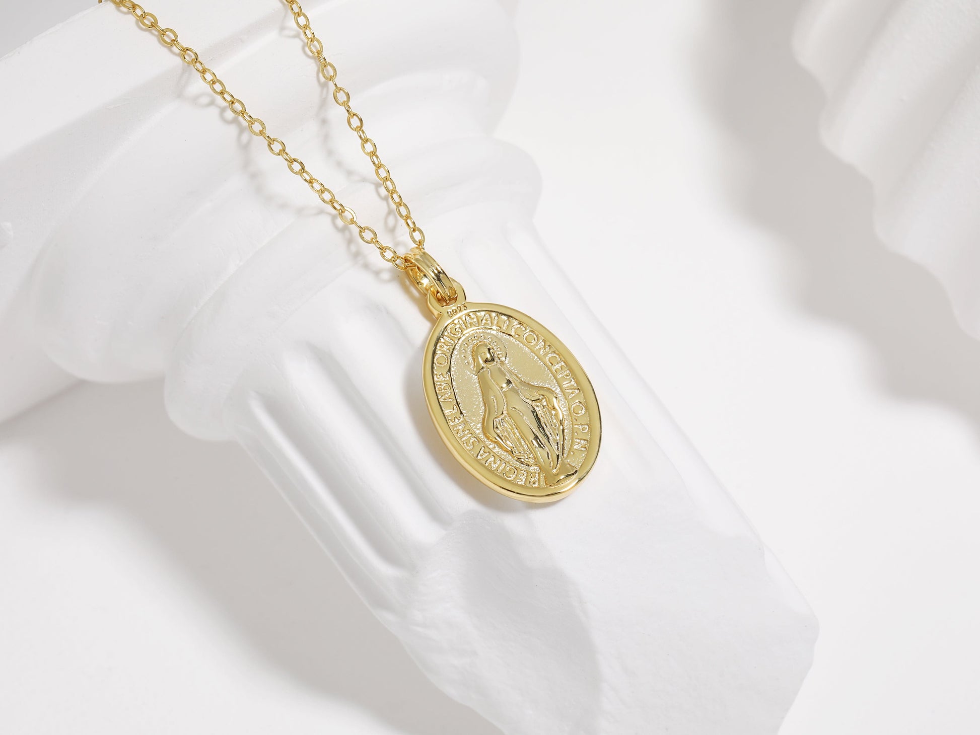 18K Gold 18K Gold Virgin Mary Oval Disc Necklace 18K Gold Virgin Mary Oval Disc Necklace - Miraculous Medal Pendant, Religious Jewelry, Mother Mary Necklace