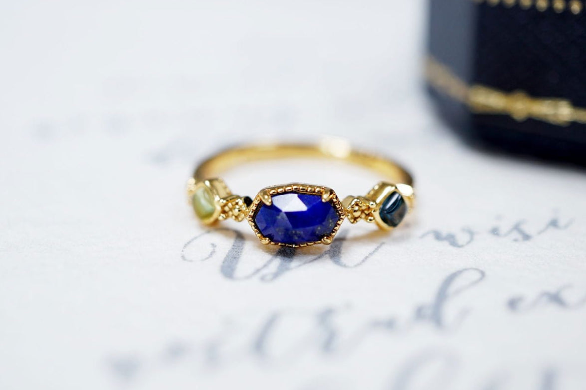 18K Gold 18K Natural Blue Lapis Lazuli Three Stone Ring Discover the 18K Natural Blue Lapis Lazuli Three Stone Ring: Dainty, Vintage Style, Adjustable, Perfect Gift