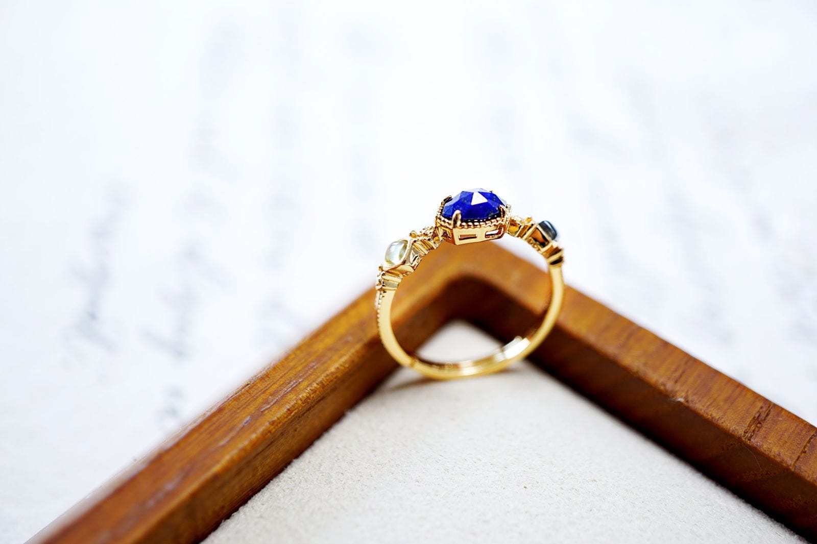 18K Gold 18K Natural Blue Lapis Lazuli Three Stone Ring Discover the 18K Natural Blue Lapis Lazuli Three Stone Ring: Dainty, Vintage Style, Adjustable, Perfect Gift