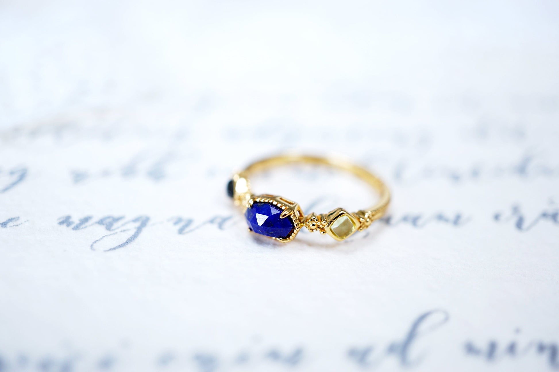 18K Gold 18K Natural Blue Lapis Lazuli Three Stone Ring Discover the 18K Natural Blue Lapis Lazuli Three Stone Ring: Dainty, Vintage Style, Adjustable, Perfect Gift