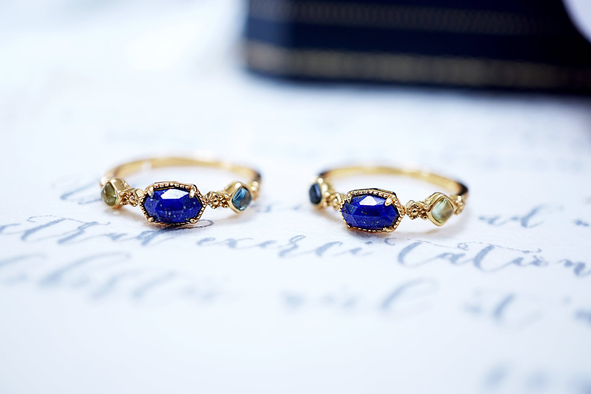 18K Gold 18K Natural Blue Lapis Lazuli Three Stone Ring Discover the 18K Natural Blue Lapis Lazuli Three Stone Ring: Dainty, Vintage Style, Adjustable, Perfect Gift
