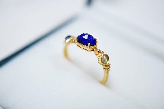18K Gold 18K Natural Blue Lapis Lazuli Three Stone Ring Discover the 18K Natural Blue Lapis Lazuli Three Stone Ring: Dainty, Vintage Style, Adjustable, Perfect Gift