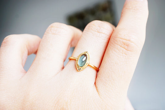 Gold ring with a gemstone on a person's finger against a neutral background