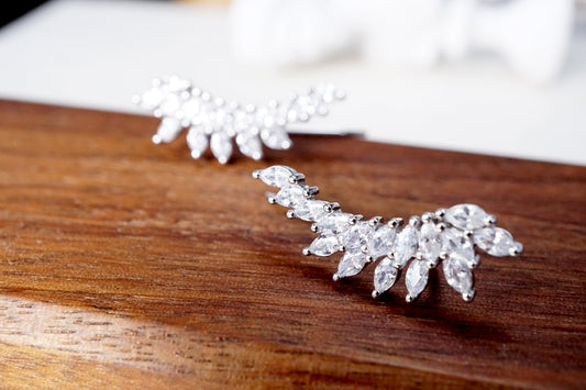 925 Sterling Silver Sterling Silver Cluster Stone Angel Wing Ear Climber Sterling Silver Angel Wing Ear Climber: Sparkly Cluster, Marquise, and Leaf Design Earrings