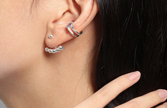 925 Sterling Silver Silver Bead Arc Ear Jacket with Ball Stud Elevate Your Style with Silver Bead Arc Ear Jacket and Ball Stud Geometric Earrings