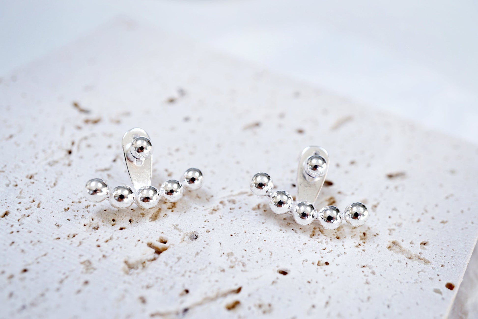 925 Sterling Silver Silver Bead Arc Ear Jacket with Ball Stud Elevate Your Style with Silver Bead Arc Ear Jacket and Ball Stud Geometric Earrings
