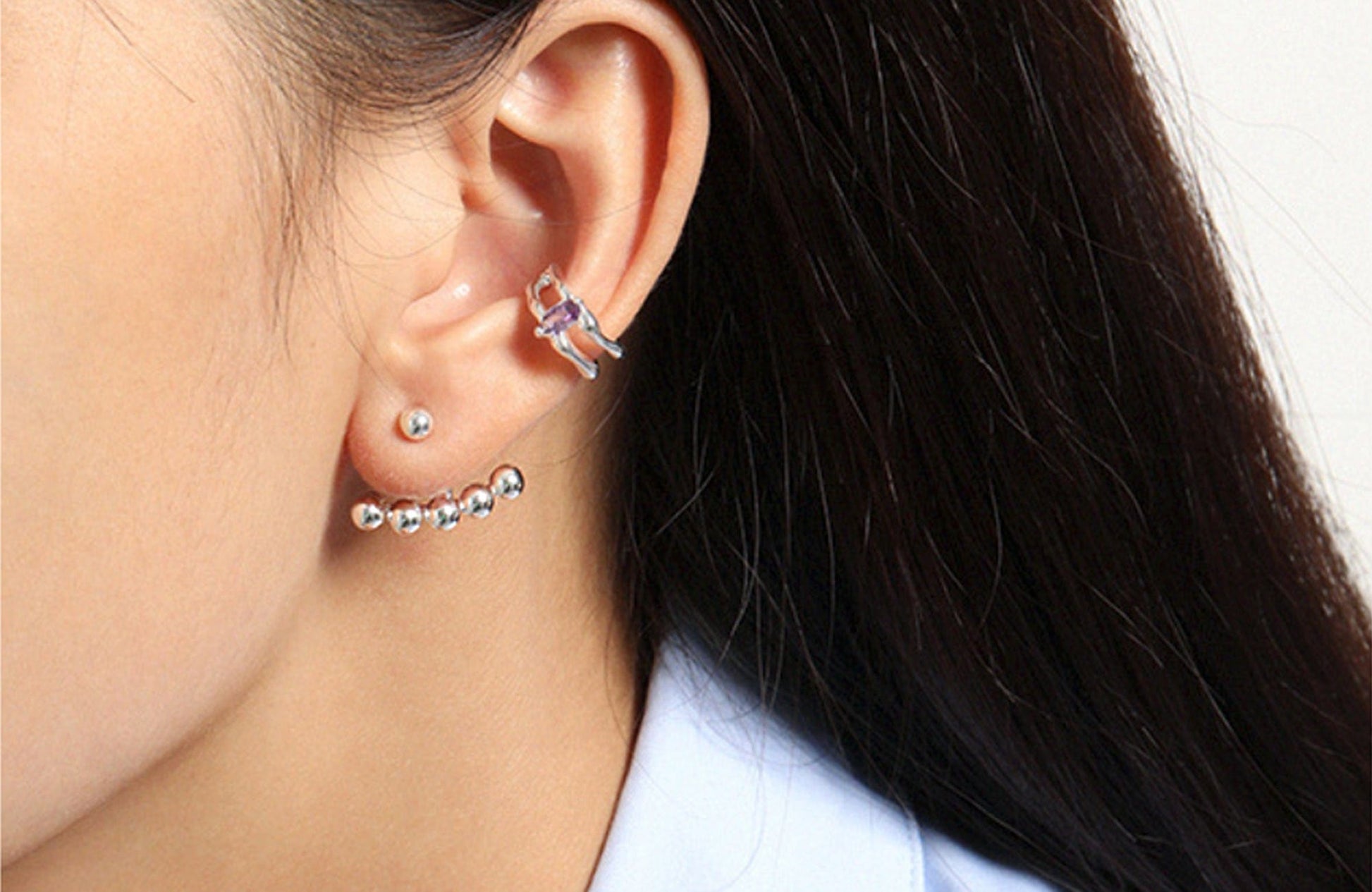 925 Sterling Silver Silver Bead Arc Ear Jacket with Ball Stud Elevate Your Style with Silver Bead Arc Ear Jacket and Ball Stud Geometric Earrings