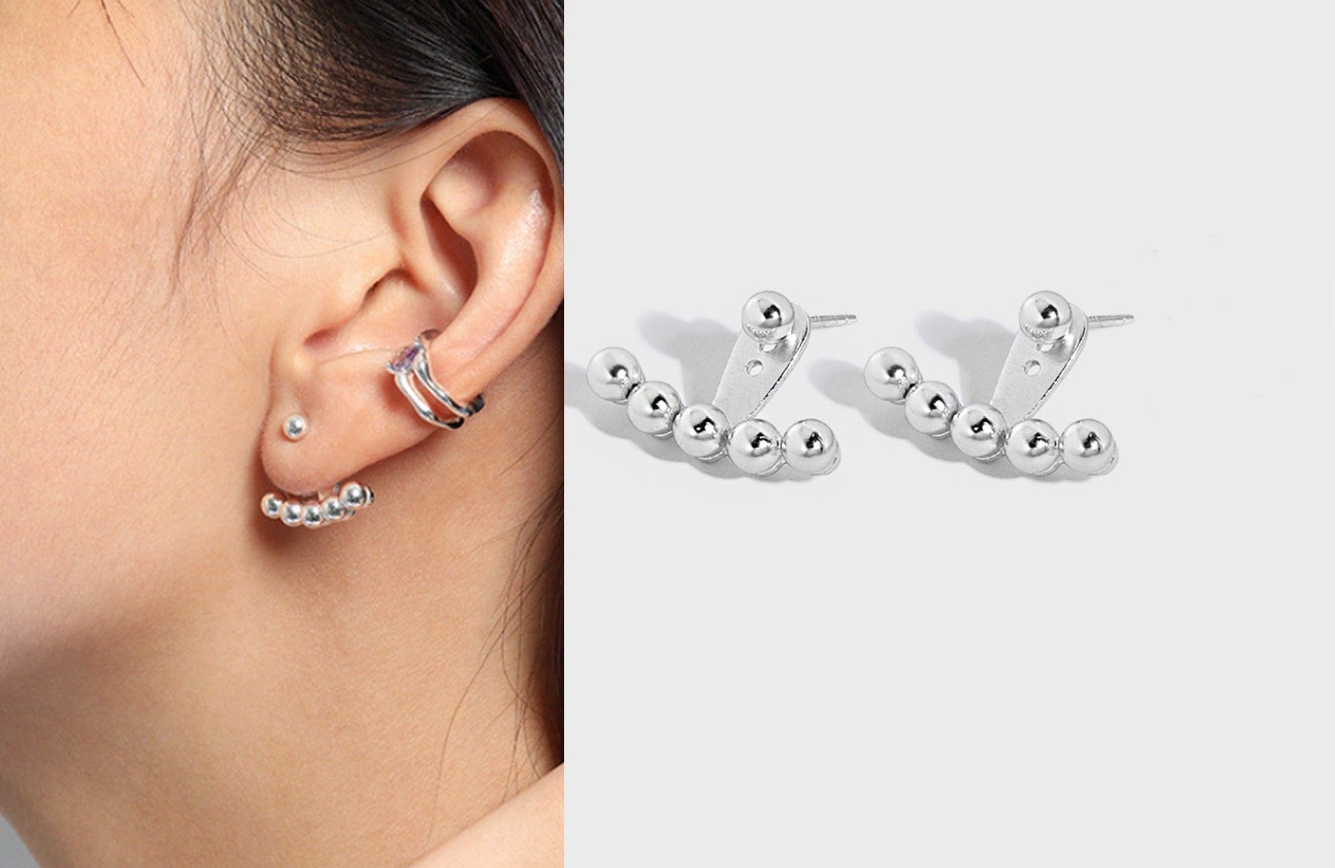 925 Sterling Silver Silver Bead Arc Ear Jacket with Ball Stud Elevate Your Style with Silver Bead Arc Ear Jacket and Ball Stud Geometric Earrings