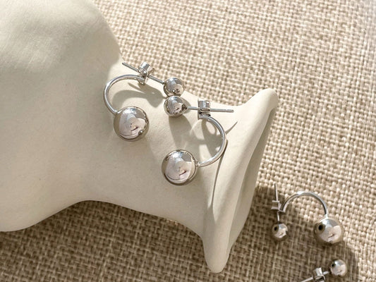 925 Sterling Silver Sterling Silver Double Ball Ear Jacket Sterling Silver Double Ball Ear Jacket - Statement Geometric Front and Back Earrings
