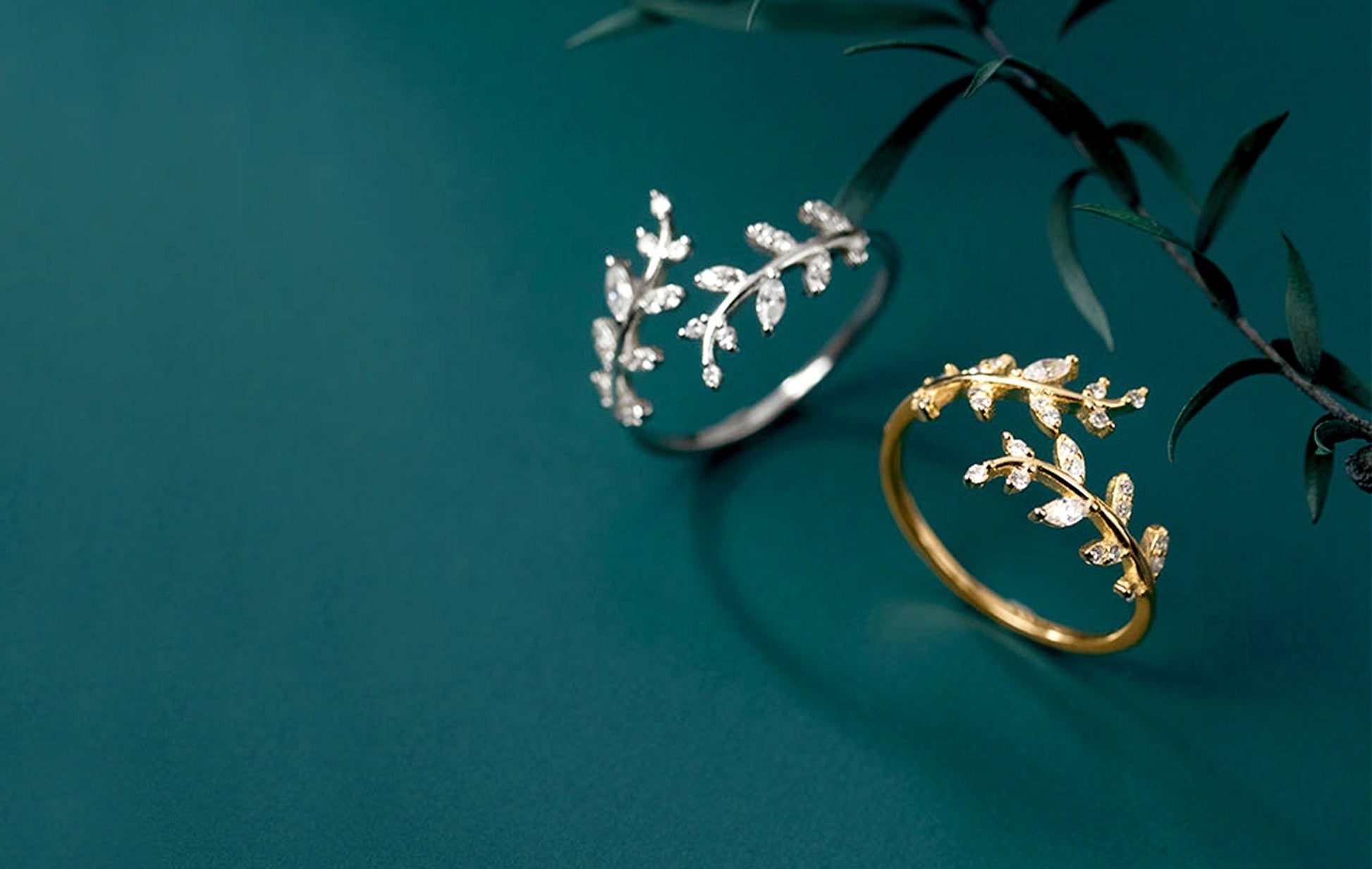 Silver or Gold Cubic Zirconia Leaf Wrap Ring Silver or Gold Cubic Zirconia Leaf Wrap Ring