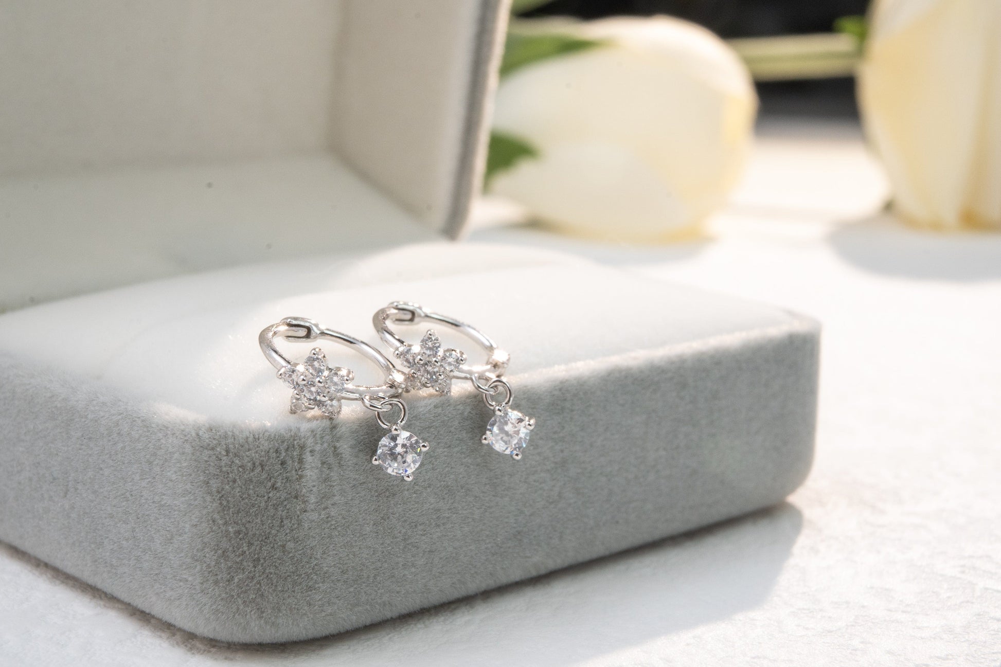 Dainty Flower Huggies with Dangling CZ Charm Dainty Flower Huggies with Dangling CZ Charm