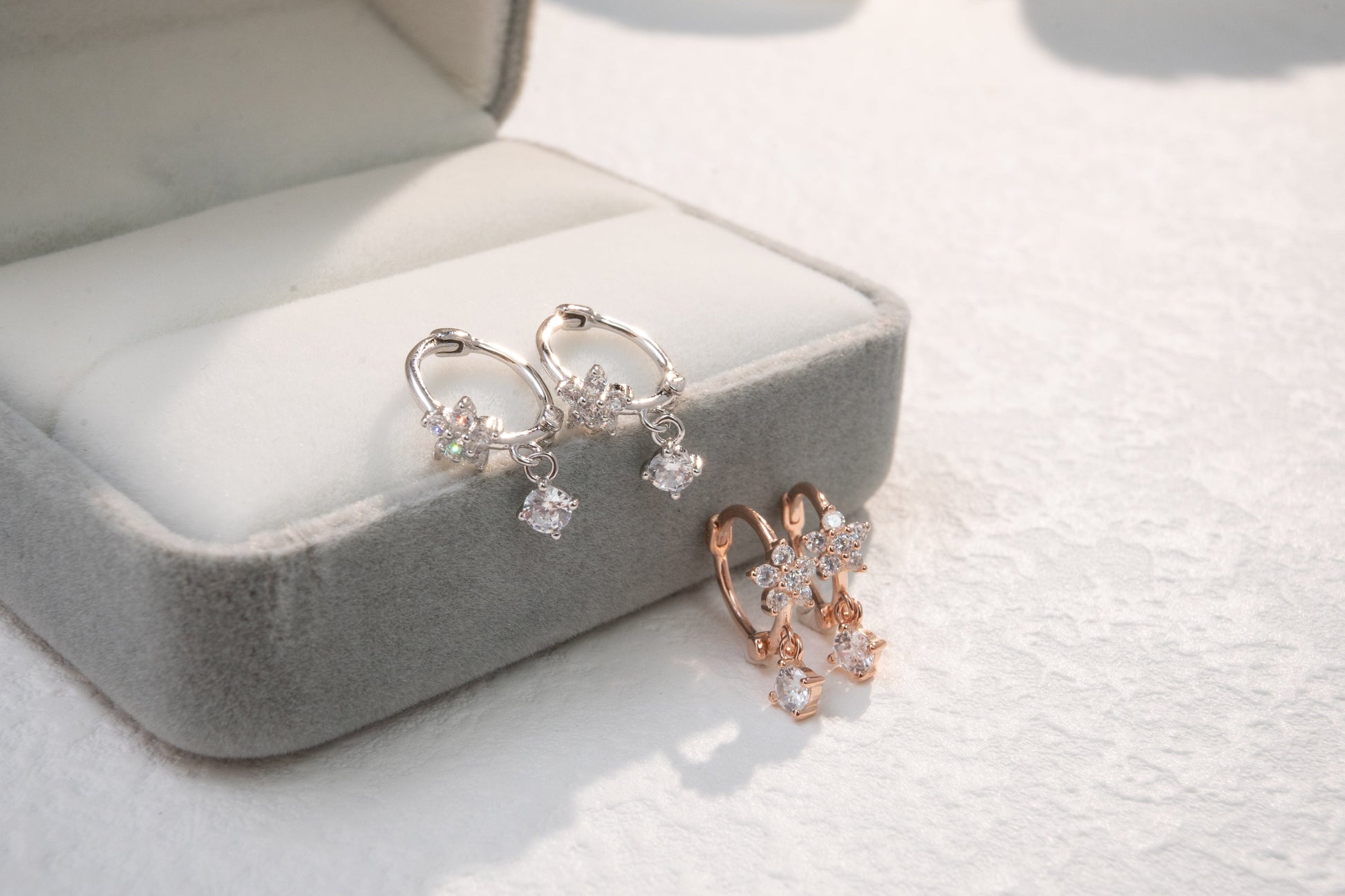 Dainty Flower Huggies with Dangling CZ Charm Dainty Flower Huggies with Dangling CZ Charm