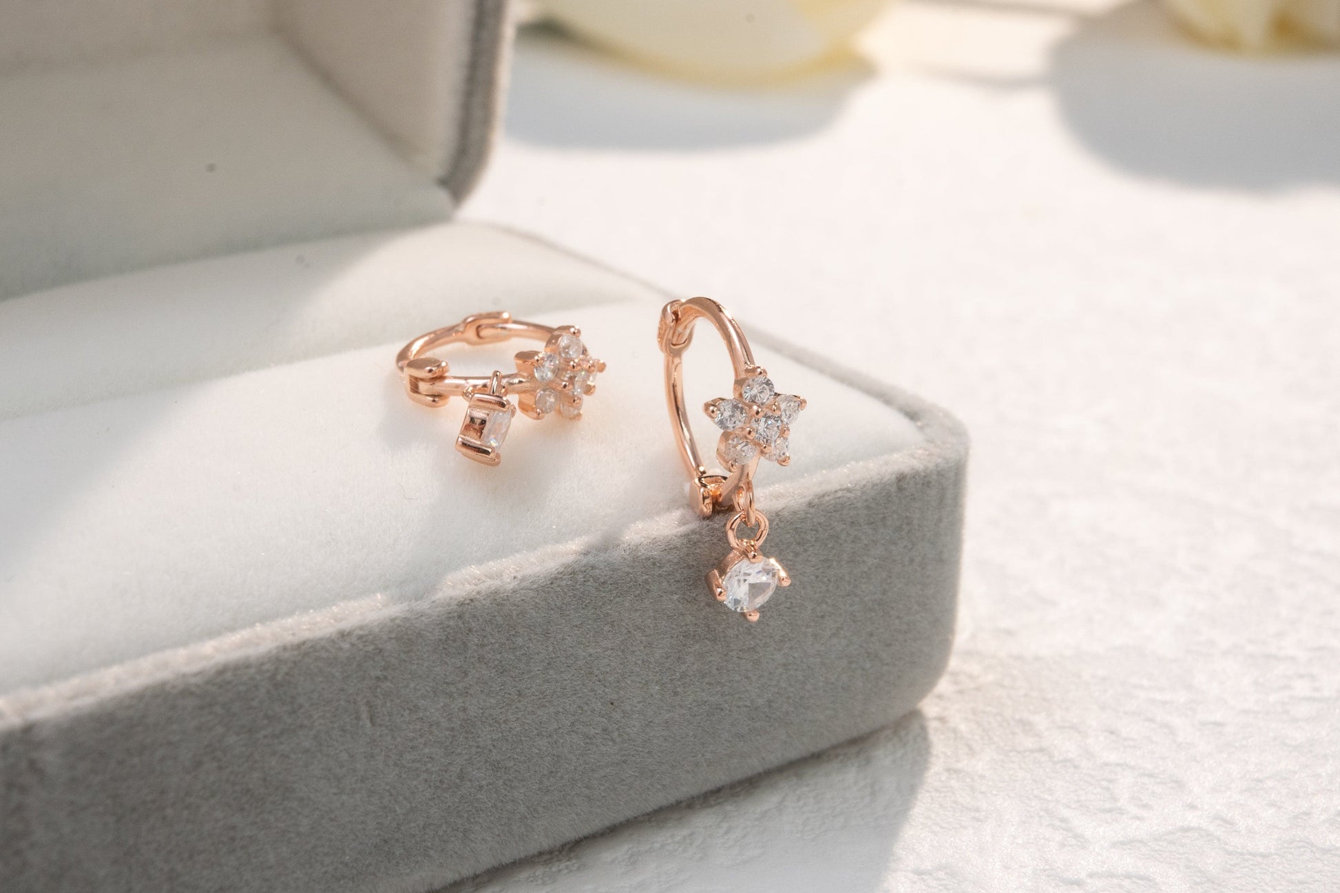 Dainty Flower Huggies with Dangling CZ Charm Dainty Flower Huggies with Dangling CZ Charm