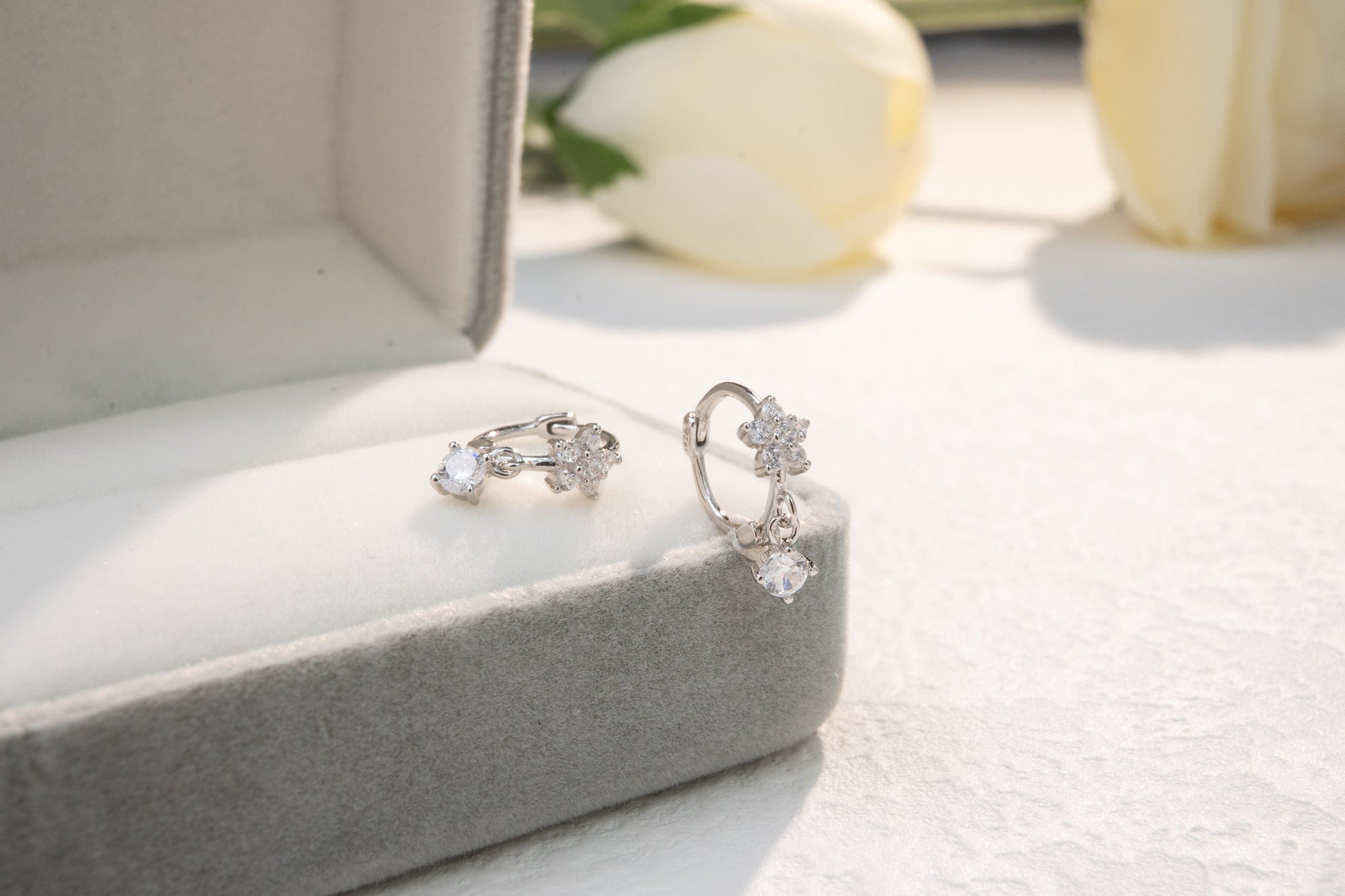 Dainty Flower Huggies with Dangling CZ Charm Dainty Flower Huggies with Dangling CZ Charm