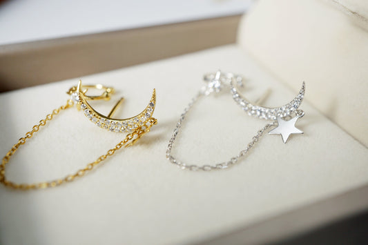 Moon Earrings with Chain Star Ear Cuff Elevate Your Style with Crescent Moon Earrings and Star Ear Cuff - Celestial Dangle Chain Jewelry