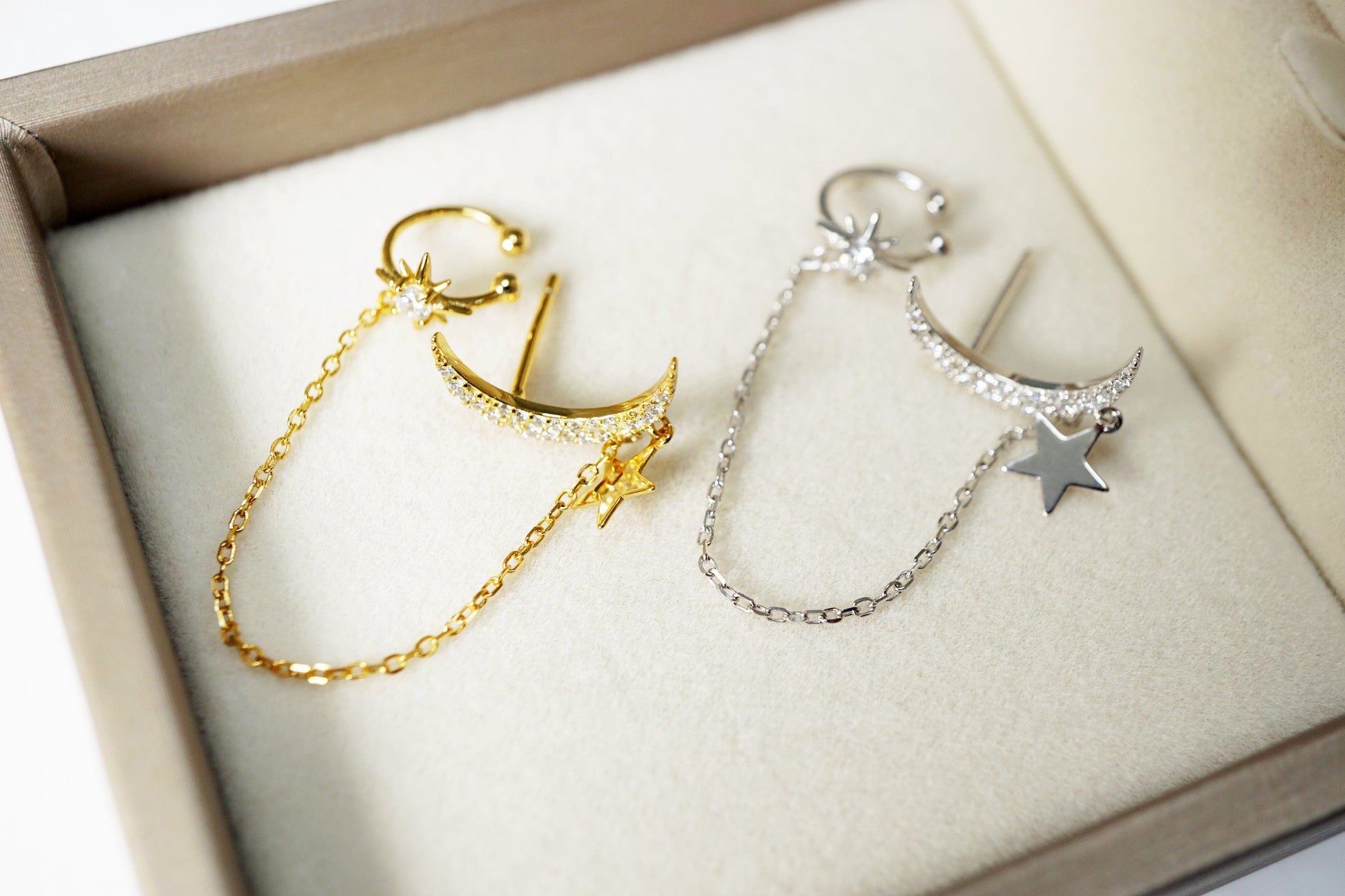 Moon Earrings with Chain Star Ear Cuff Elevate Your Style with Crescent Moon Earrings and Star Ear Cuff - Celestial Dangle Chain Jewelry