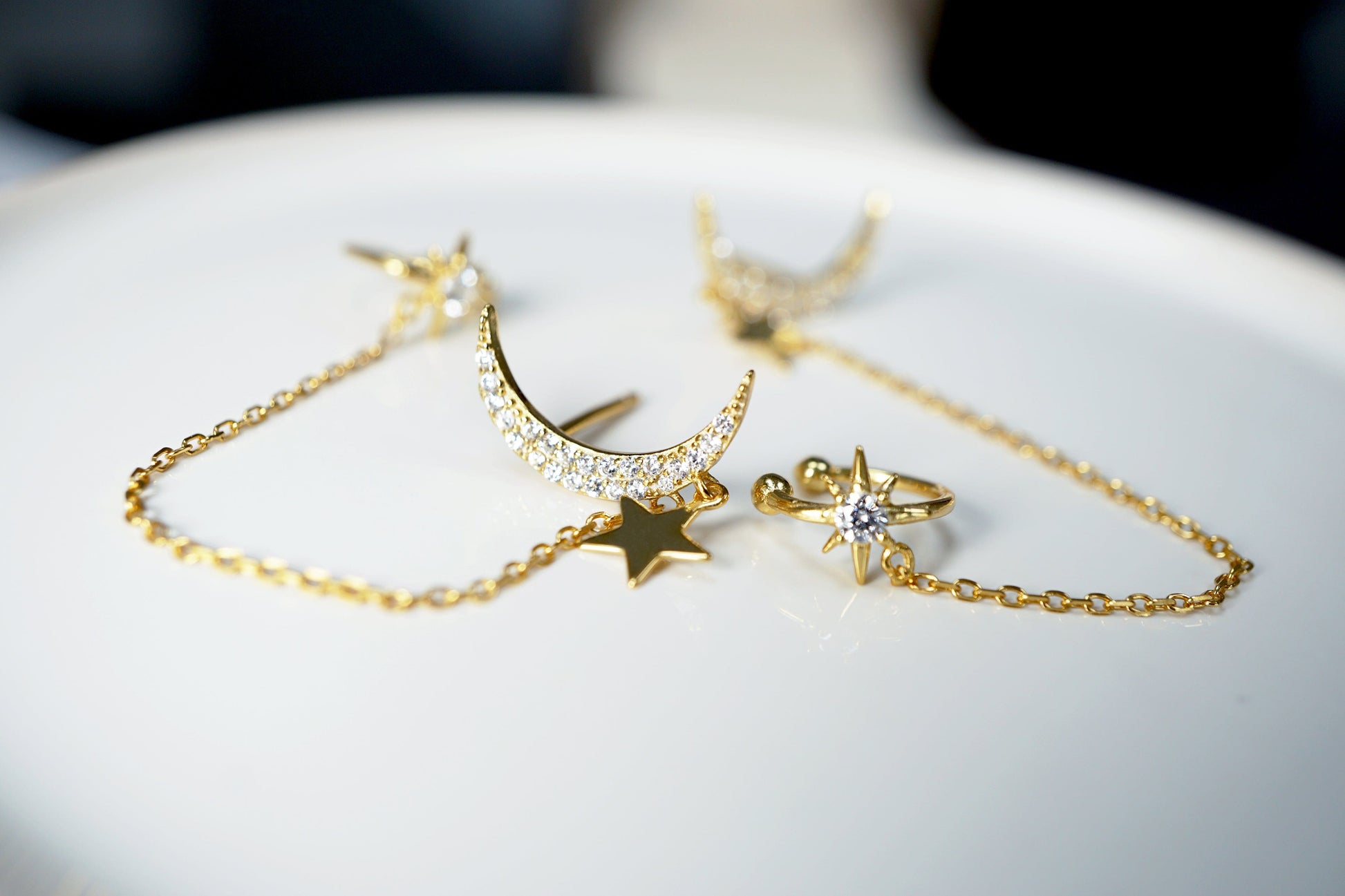 Moon Earrings with Chain Star Ear Cuff Elevate Your Style with Crescent Moon Earrings and Star Ear Cuff - Celestial Dangle Chain Jewelry