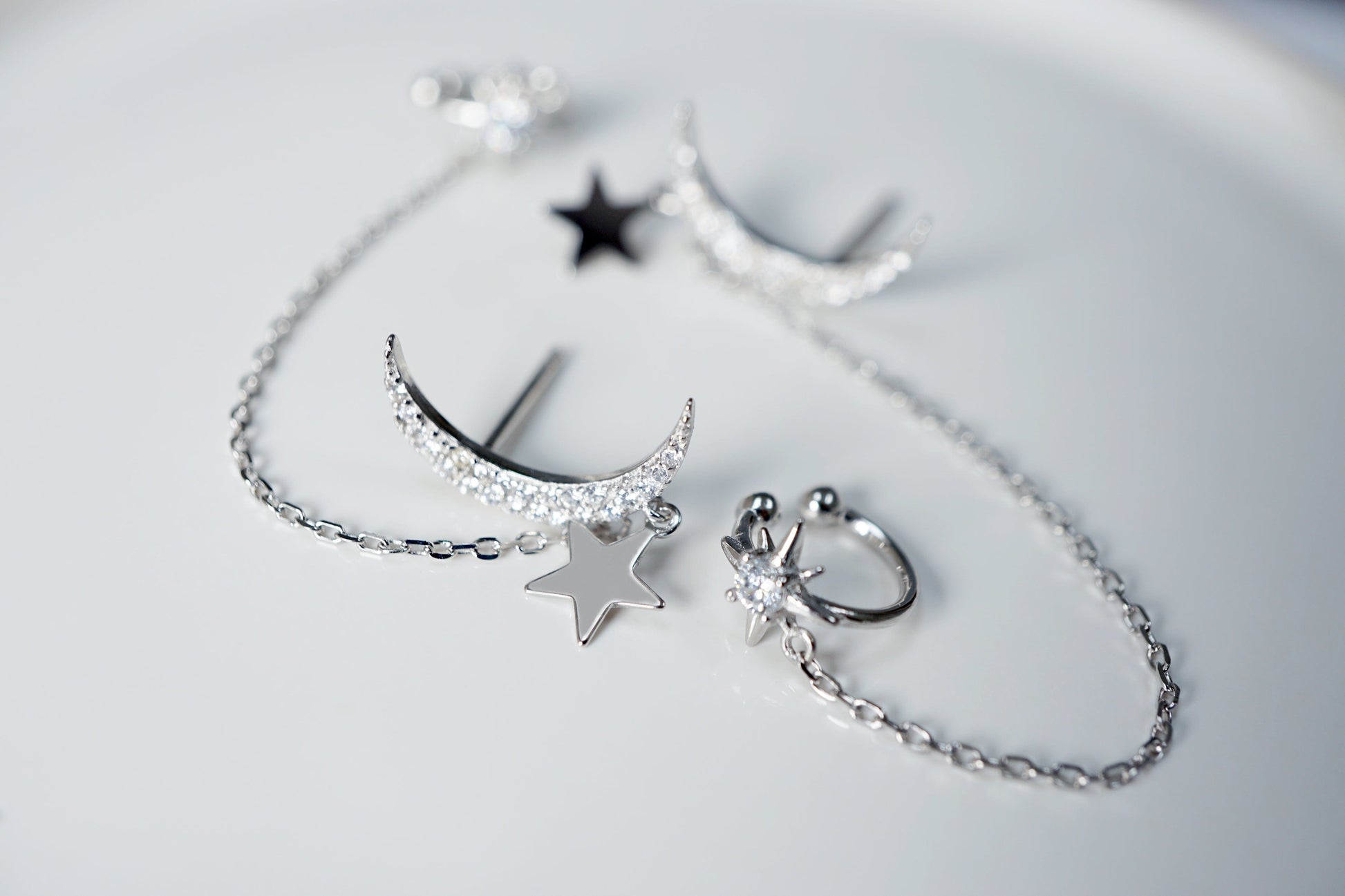 Moon Earrings with Chain Star Ear Cuff Elevate Your Style with Crescent Moon Earrings and Star Ear Cuff - Celestial Dangle Chain Jewelry