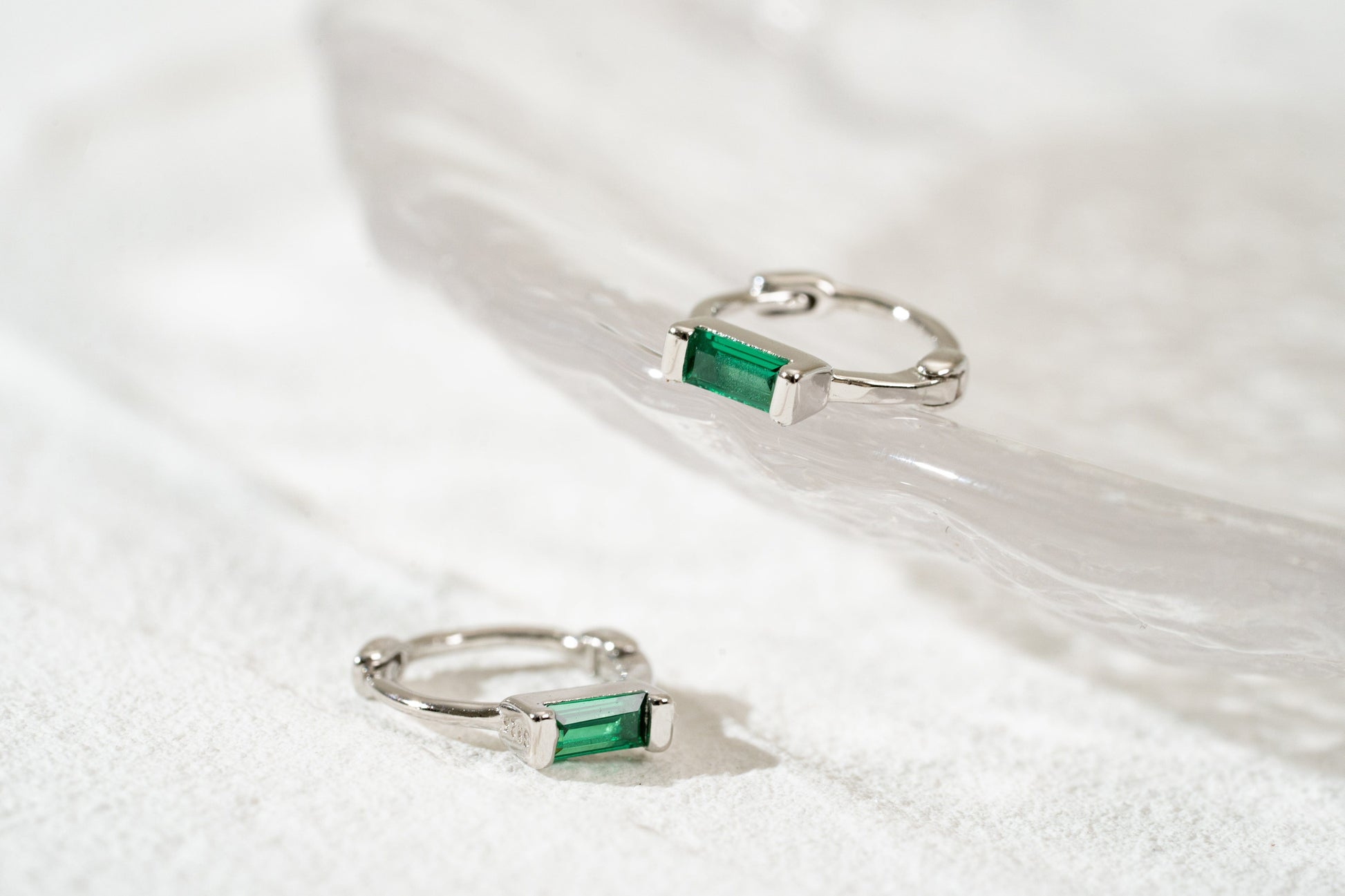 Green Baguette CZ Small Huggie Hoop Earrings Elevate Your Style with Green Baguette CZ Huggie Hoops and Celestial Earrings Collection