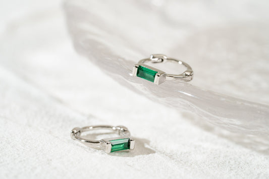 Green Baguette CZ Small Huggie Hoop Earrings Elevate Your Style with Green Baguette CZ Huggie Hoops and Celestial Earrings Collection