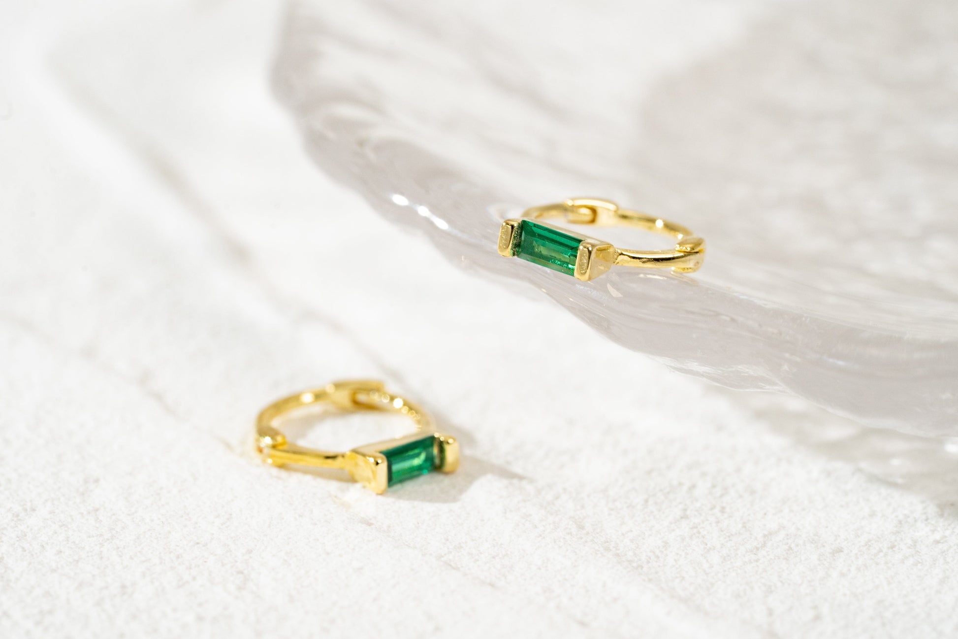 Green Baguette CZ Small Huggie Hoop Earrings Elevate Your Style with Green Baguette CZ Huggie Hoops and Celestial Earrings Collection