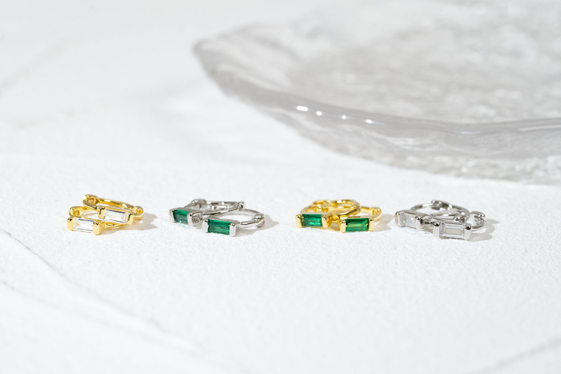 Green Baguette CZ Small Huggie Hoop Earrings Elevate Your Style with Green Baguette CZ Huggie Hoops and Celestial Earrings Collection