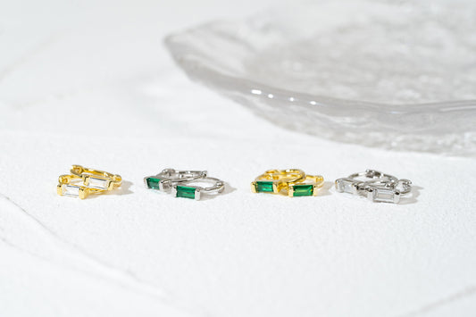Green Baguette CZ Small Huggie Hoop Earrings Elevate Your Style with Green Baguette CZ Huggie Hoops and Celestial Earrings Collection