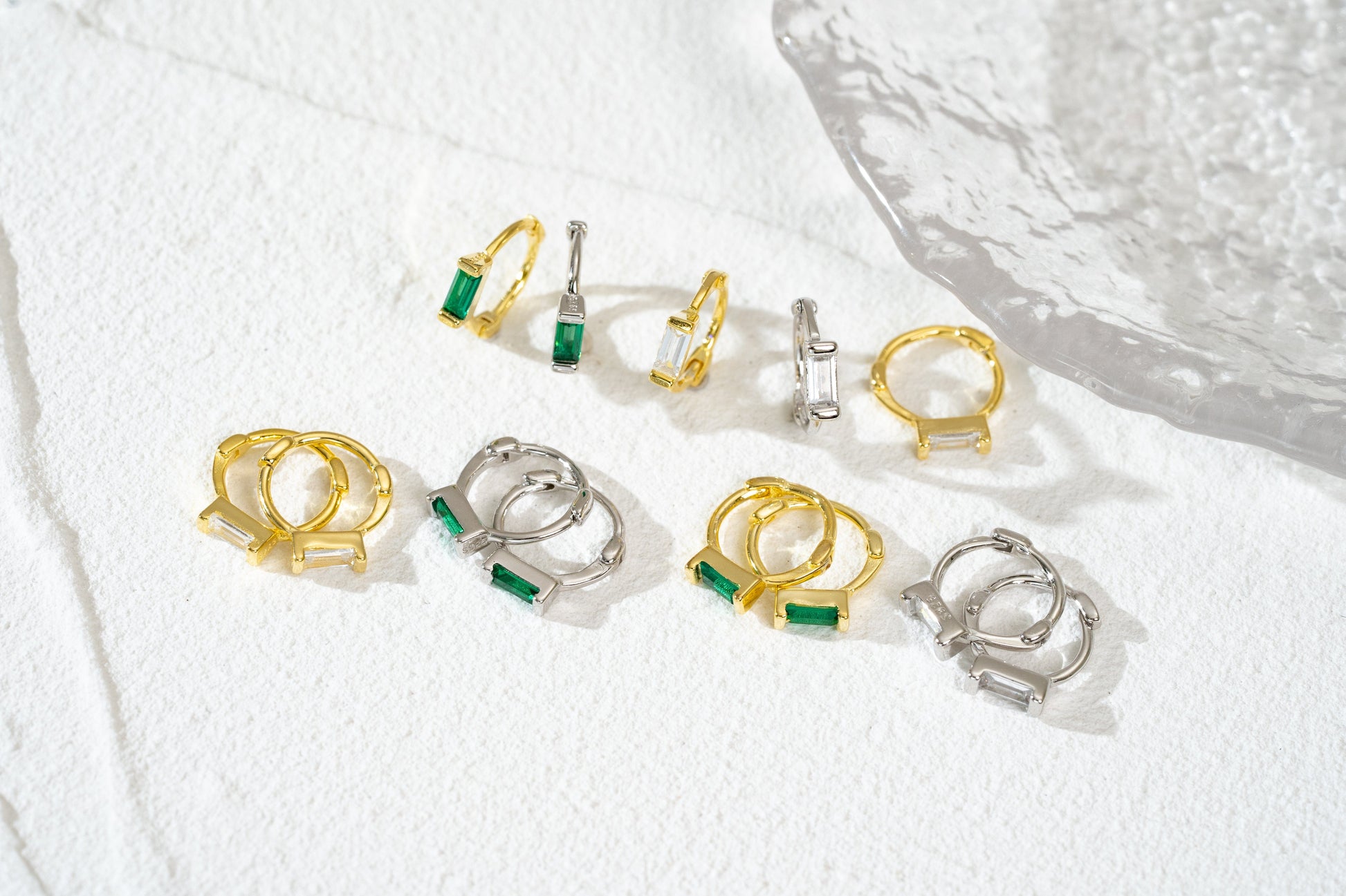 Green Baguette CZ Small Huggie Hoop Earrings Elevate Your Style with Green Baguette CZ Huggie Hoops and Celestial Earrings Collection