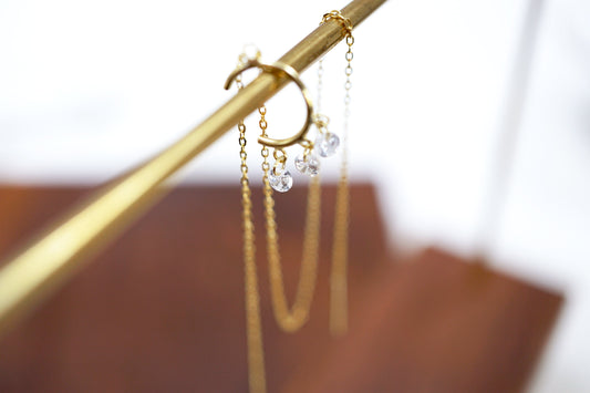 18K Gold CZ Trio Ear Cuff with Adjustable Chain Threader 18K Gold CZ Trio Ear Cuff with Adjustable Chain Threader