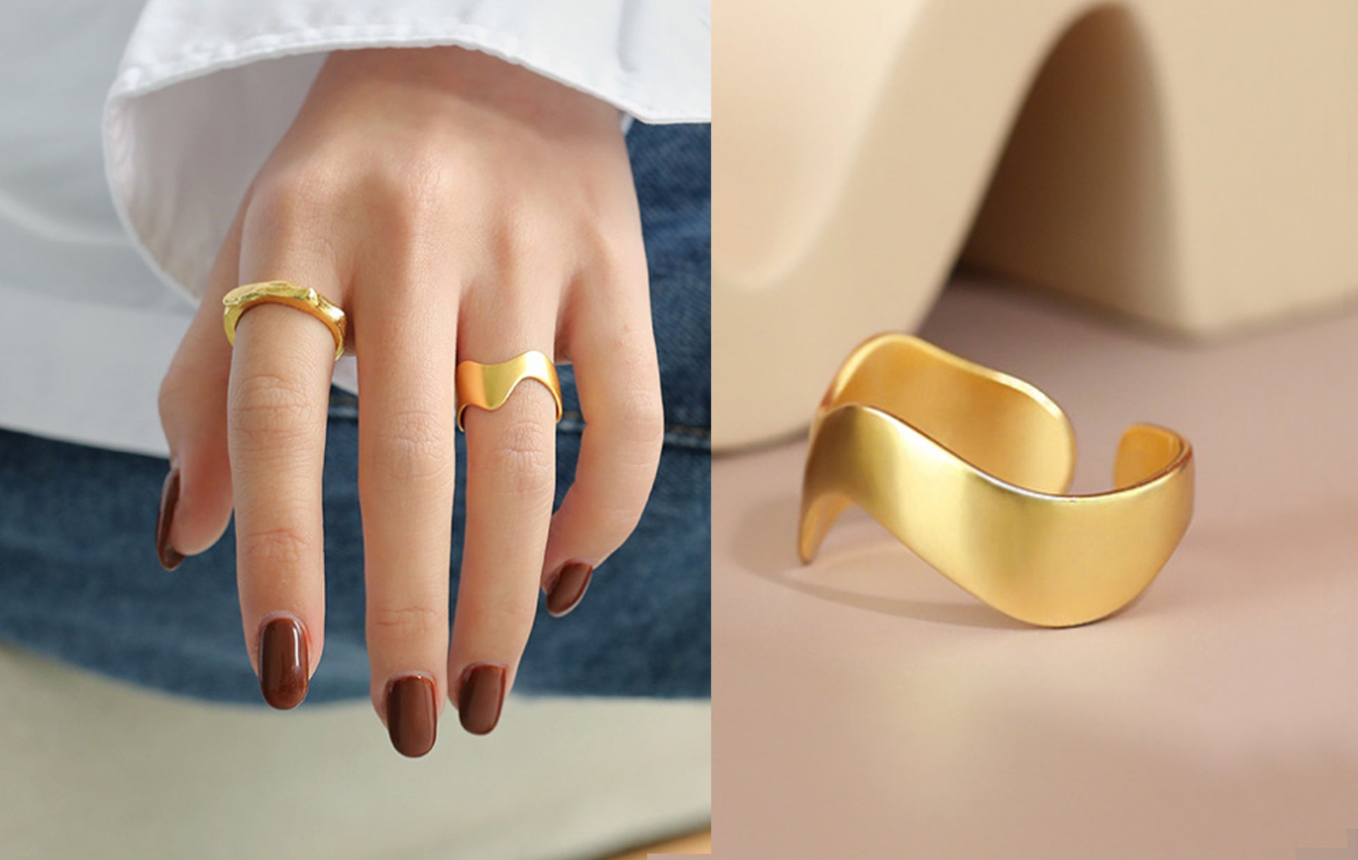 Gold ring on a hand and a gold cuff bracelet on a neutral background