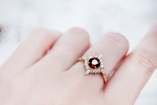 Gold ring with a red gemstone on a hand against a white background