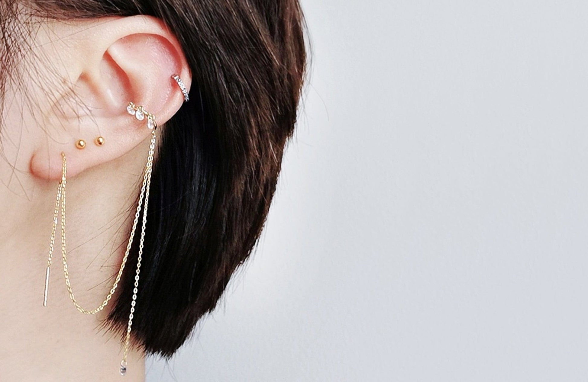 18K Gold CZ Trio Ear Cuff with Adjustable Chain Threader 18K Gold CZ Trio Ear Cuff with Adjustable Chain Threader