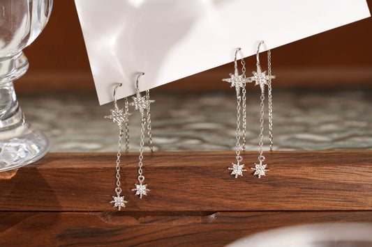 Sterling Silver Northern Star Drop Chain Earrings Sterling Silver Northern Star Drop Chain Earrings