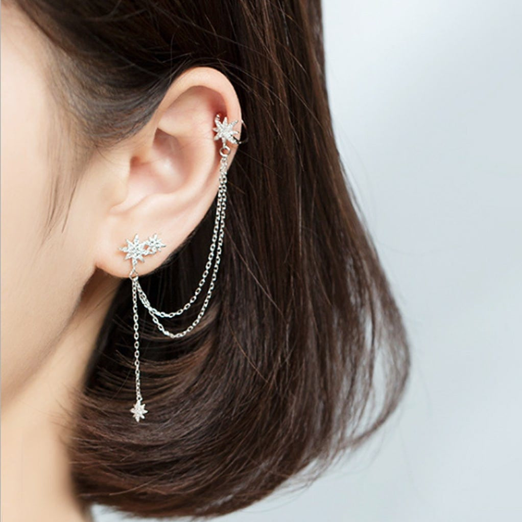 Single Celestial Star Chain Earring in Sterling Silver Single Celestial Star Chain Earring in Sterling Silver