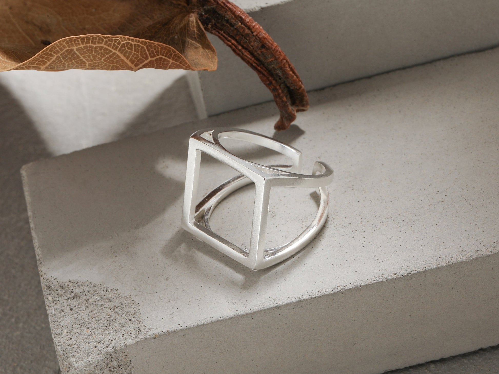 Silver geometric ring on a textured stone surface with a leaf