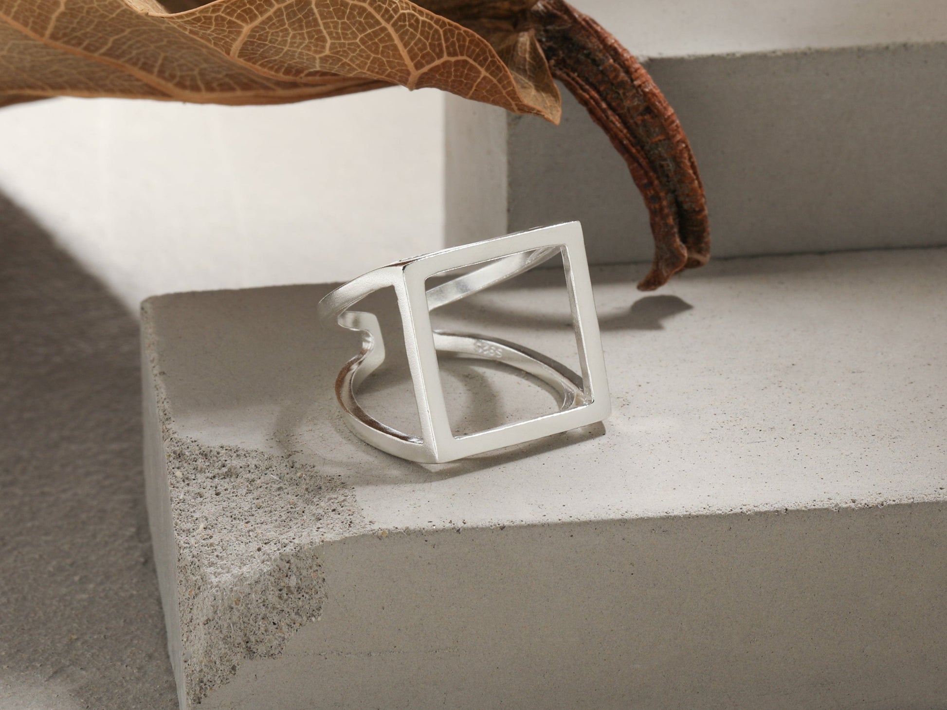 Silver ring on a concrete surface with a brown leaf
