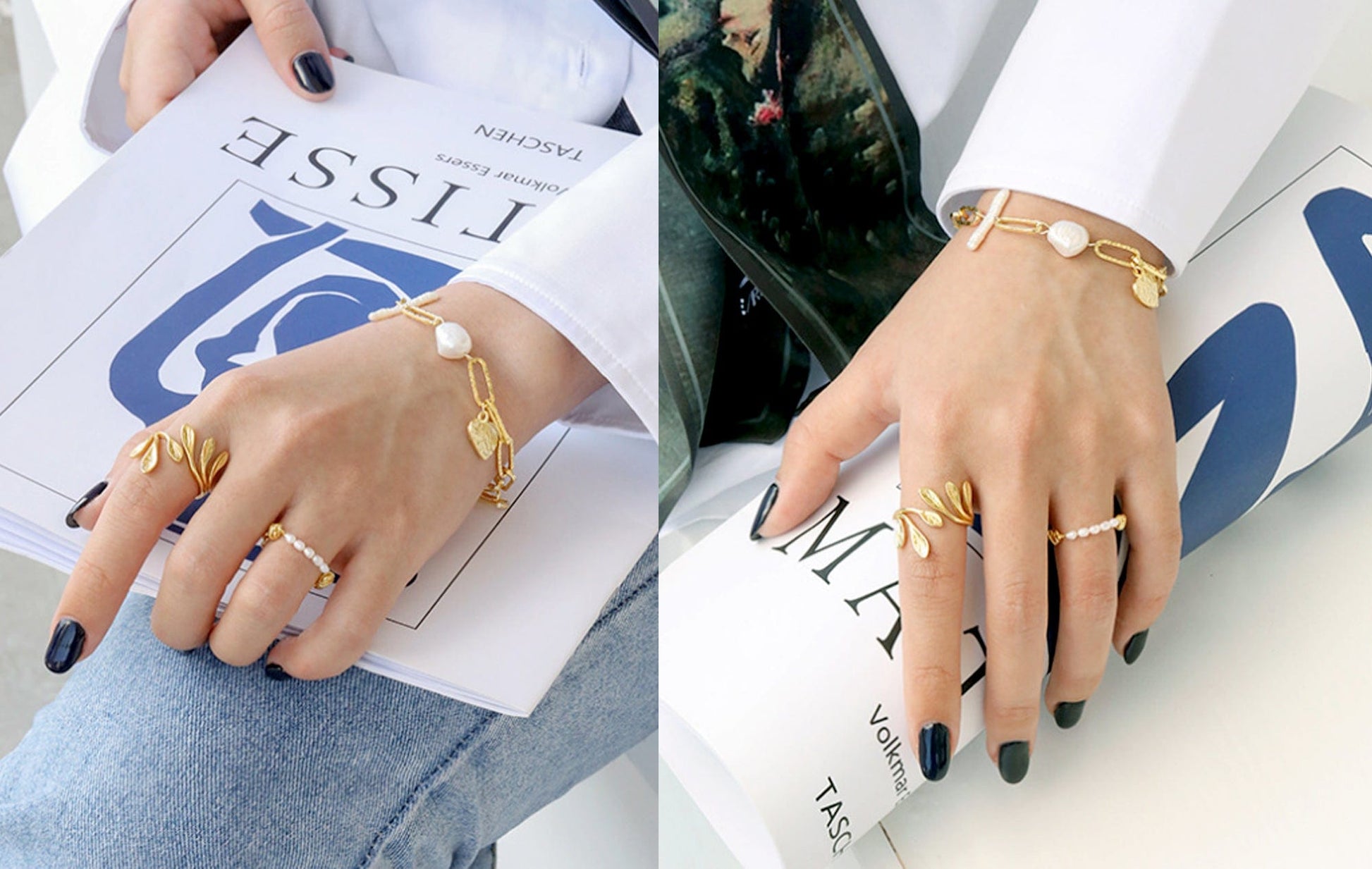 Close-up of hands wearing gold jewelry on a magazine background
