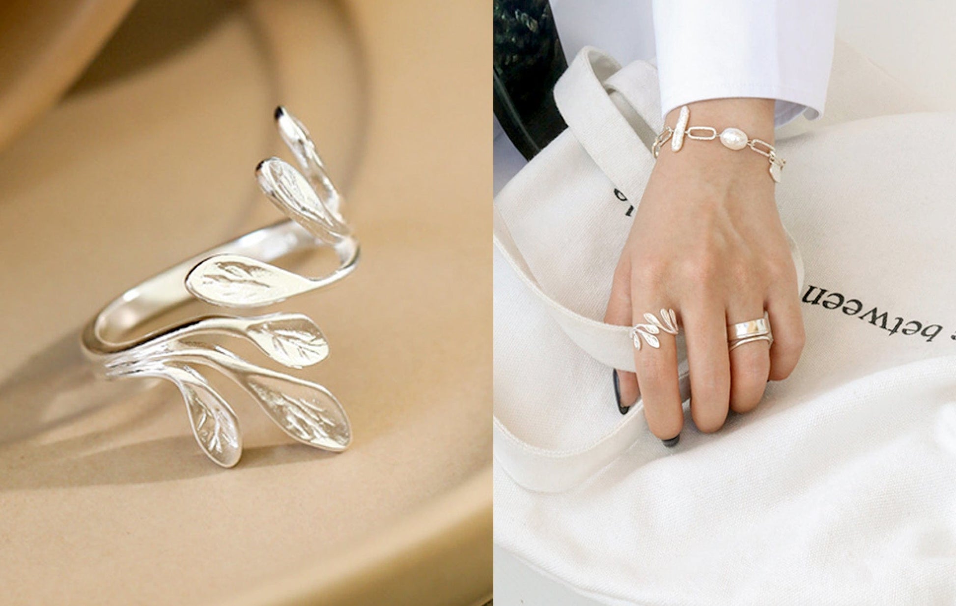 Silver leaf-shaped ring on a beige surface and worn on a hand with a white background.
