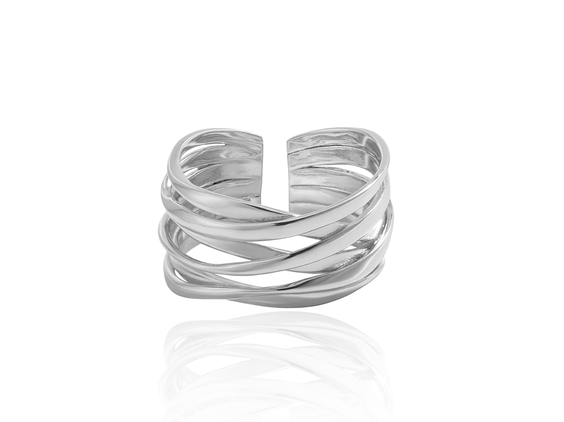 Silver ring with multiple bands on a white background