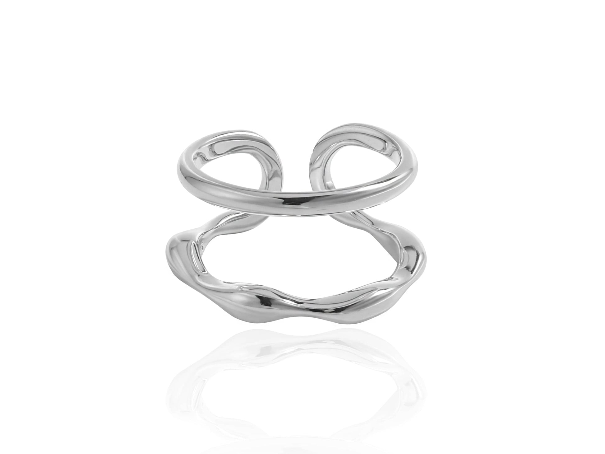 Silver ring with a unique design on a white background