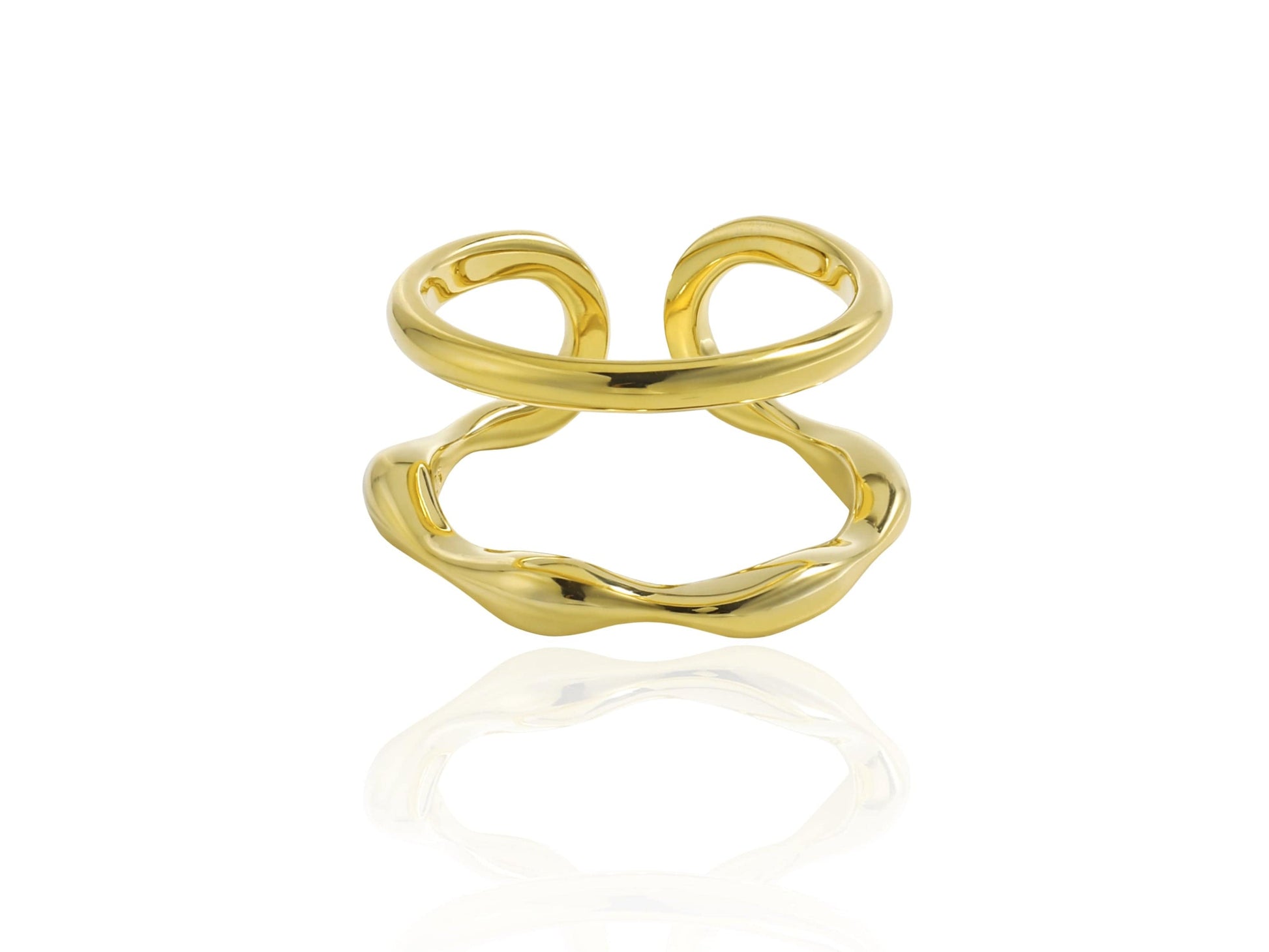 Gold ring with a unique design on a white background