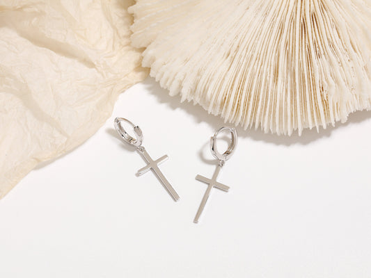 Sterling Silver Cross Charm Huggie Hoops Sterling Silver Cross Charm Huggie Hoops